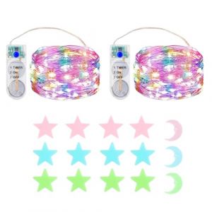 MUXIJIA 2x2M 20 LED Mini Guirlande Lumineuse Int&eacute;rieur Ext&eacute;rieur avec Batterie De Minuterie Pour F&ecirc;te Mariage No&euml;l &Eacute;clairage D&eacute;cor, Avec &Eacute;toiles Fluorescent Stickers Muraux (YMFRAOHF, neuf)