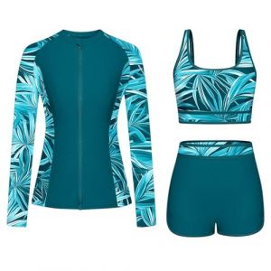 Maillots de Bain 3 Pi&egrave;ces Femme Rashguard Set Maillot de Surf Manches Longues Protection Solaire Anti-UV T-Shirt Top de Sport pour Vacances Surf Plage Natation Maillot de Bain Shorty S&eacute;chage Rapide (⭐⭐⭐⭐⭐AEGJEGVD⭐⭐⭐⭐⭐, neuf)