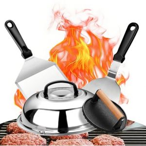 Neuytiky 4 pi&egrave;ces Ustensiles Plancha, Spatule Plancha Accessoires avec Grande Fonte Presse Burger et Spatules Coud&eacute;e Cuisine Acier Inoxydable et Cloche Plancha, Kit Ustensiles Barbecue pour Hommes (O&Uuml; Bolitso, neuf)