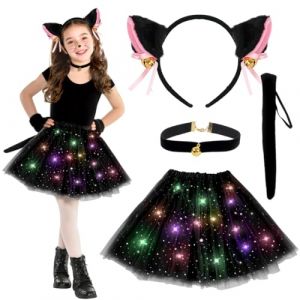 Wishstar Deguisement Chat fille, Chat Cosplay Costume Set, LED Tutu Jupe, Serre T&ecirc;te Oreille de Chat Et Chat Queue, Deguisement Animal Enfant pour Carnaval Halloween (XINYAO-EU, neuf)