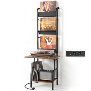 Bikoney Platine Support Vinyle Rangement avec Prise de Courant – Support Platine Vinyle pour Jusqu’à 200 Albums, Table de Tourne-disque Vintage, Étagère de Rangement pour Disques et Stéréo (Bikoney-uk, neuf)