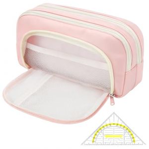 CAIXIANGYU ​Trousse Scolaire Grande Capacit&eacute; 3 Compartiments avec &Eacute;querre en Tissu Oxford - Multifonctionnelle pour &Eacute;cole, &Eacute;tudes, Bureau - Enfants, Ados, Adultes​ (Rose) (TIME AND STARS, neuf)