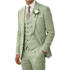 Costume r&eacute;tro en lin pour homme, costume de plage, de mariage, d'&eacute;t&eacute;, coupe ajust&eacute;e, 3 pi&egrave;ces, poids l&eacute;ger, veste gilet, pantalon, smoking, vert clair, Tailee XS (JINGCHUSHANGMAO, neuf)