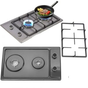 Plaque de Cuisson Portable 2 Feuxs Cuisinière à Gaz Encastrable Inox Grille Fonte Allumage électronique 3kW+1.75kw Compatible Gaz Naturel/GPL Avec Soupape de Décompression 51 * 31CM Noir (Decemiracler, neuf)