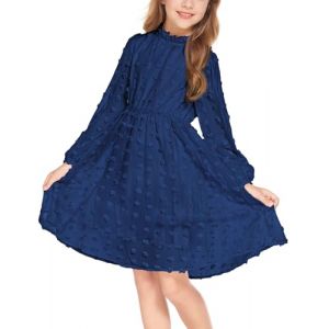 Arshiner Robe Fille 5-13 Ans Robe à Manches Longues en Mousseline de Soie pour Enfants Robe décontractée Robe de soirée Mariage Festif Robe trapèze à col Rond Bleu Marine 160 (Arshiner Store, neuf)