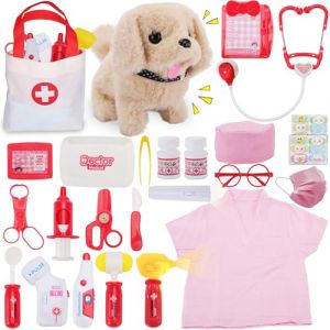 TEUVO Malette Docteur Enfant, Veterinaire Enfant avec Blouse de Médecin, Stéthoscope, Thermomètre, Seringue, Médical Jeu d'imitation Jouets de Rôle 25 Pièces, Cadeaux Jouet Enfants 2 3 4 5 6 7 8 Ans (TEUVO, neuf)