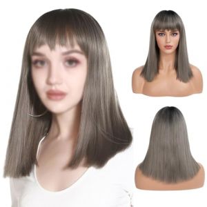 Perruque Perruque courte grise d&eacute;grad&eacute;e, perruque courte et droite avec frange, perruque naturelle for femme, adapt&eacute;e &agrave; une utilisation quotidienne en f&ecirc;te Perruques quotidiennes (haikouhua, neuf)
