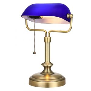 LOFOB Green Bankers Lampe de bureau, abat-jour en verre r&eacute;glable, lampe vintage avec interrupteur &agrave; cha&icirc;ne pour bureau &agrave; domicile, lampe piano, ampoule LED 6 W incluse (laiton antique + bleu) (LOFOB Direct, neuf)