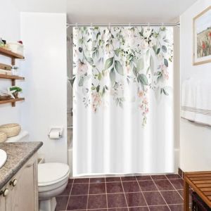 Rideau Douche Vert Sauge, Uiiooazy Rideau de Douche Feuilles d'eucalyptus Fleur Rose Rideaux de Baignoire Anti Moisissure Imperm&eacute;able Tissu Polyester Lavable Rideaux de Bain avec 10 Crochets 150x200cm (dongguibinjingpinxiaodianpu, neuf)