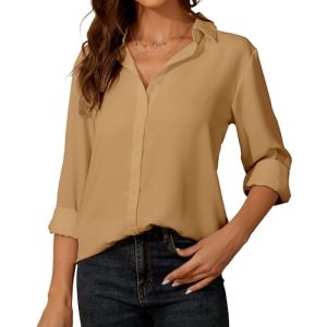 Chemisier Blanc Femme Chic Et élégant à Manches Longues pour Femme - Chiffon Chemisier avec Boutons - Col en V Haut Décontracté - pour Le Bureau Travail pour Femme Blouse (SpringSeaon, neuf)
