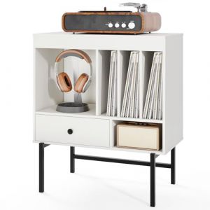 COSTWAY Meuble Disque Vinyle avec Tiroir, Rangement Platine Vinyle 5 Compartiments, Support de Tourne-Disque pour CD/DVD, meuble imprimante pour bureau, Bout de Canape pour Salon, Chambre (Blanc) (FDS GmbH, neuf)