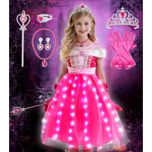 Tacobear LED Princesse Aurore Deguisement Princesse Robe Fille avec Couronne Baguette Collier Boucles d'oreilles Bague Gants Cosplay Deguisement Halloween Carnaval Enfant 2-8 Ans (3-4) (Atoylink EU, neuf)