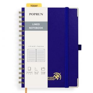 POPRUN Carnet de Notes Ligné A5 Spirale, Cahier Couverture rigide, Bullet Journal avec 141 Pages Numérotées, Papier 120 g/m², Étiquettes Autocollantes et 8 Feuilles Détachables, Bleu saphir-RLB (Time Works Wonders, neuf)