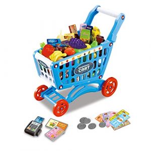 RedCrab Chariot de Courses Enfant, Ensemble de Jeu de Chariot de Courses Comprenant 54 Pièces Produits D'épicerie, Goûter, Fruits, Légumes, Accessoires de Magasin Cadeau de Jouet Éducatif(Bleu) (RedCrab -EU, neuf)