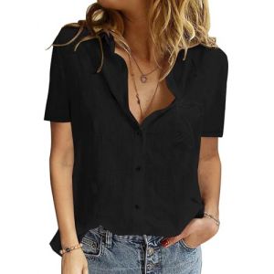 PASUDA Chemise Femme Haut &Eacute;T&Eacute; pour Femmes Chic et &Eacute;l&eacute;gant Coton Lin T-Shirt Manche Courte Col en V Chemisier Tunique Tops avec Boutons D'&eacute;t&eacute; D&eacute;contract&eacute;s Ample Couleur Unie Blouse (Noir, L) (Amutoo, neuf)