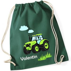 minimutz Sac de gym motif tracteur avec nom personnalisé - Sac en tissu pour garçon - Sac de sport à tirer - 12 l - 37 x 46 cm, [07] Vert foncé, 37x46 cm (minimutz, neuf)