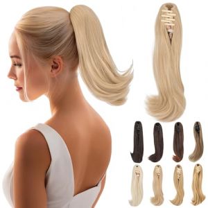 Elailite Postiche Queue de Cheval Pince Extension Rajout Cheveux Raides Claw Ponytail Blond Sable/Blond Clair Pointes Ondul&eacute;es 30cm 80g (Naughty Fashion Mode, neuf)