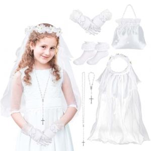 Communion Fille Voile Couronne Fleur Cheveux avec Voile Collier Chapelet Catholique Bracelet Chaussettes à Volants Gant Blanc Sac en Satin pour Première Communion,Mariage, Cadeau Communion Fille (XOSRT, neuf)