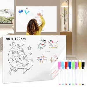 Joaecosmhui Tableau Blanc Adhésif Repositionnable avec 8 Marqueurs Effaçables (90 x 120cm), Tableau Blanc Adhésif Pratique pour Dessins d'enfants - Facile à Coller et Décoller, Sans Résidu (Xin Fei Yang, neuf)