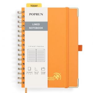 POPRUN Carnet de Notes Ligné A5 Spirale, Cahier Couverture rigide, Bullet Journal avec 141 Pages Numérotées, Papier 120 g/m², Étiquettes Autocollantes et 8 Feuilles Détachables, Orange-OR (Time Works Wonders, neuf)