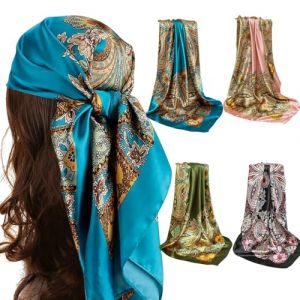 4 Pièces de Foulard Fleur Faux,Grand Foulard Carré en Satin 90 x 90 cm, Bandana Écharpe pour Femme,Accessoire pour les Cheveux,Tour de Cou,Foulard en Satin pour Femme,Décoration et Cadeau pour Femmes (KAL IKYM LTD*, neuf)