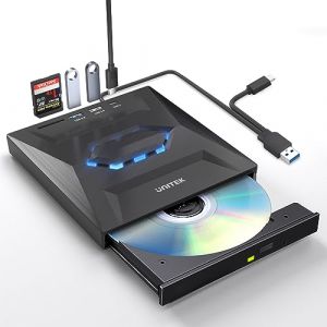 Unitek Lecteur CD DVD externe pour ordinateur portable, lecteur DVD portable USB C avec emplacements pour carte SD, 3 ports USB, graveur de CD, lecteur de disque externe optique compatible avec (Arsuie, neuf)