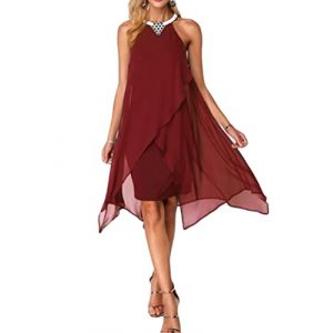 Minetom Robe De Cocktail Asym&eacute;trique Au Genou Femme sans Manche Mousseline De Soie Cocktail Bal Mariage Courte Robes F&ecirc;te A Rouge XXL (B.W.S KIT, neuf)