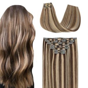SURNEL Extension Cheveux Naturel Clip 55cm Extension de Cheveux Naturel a Clip Brun Moyen Surligné Blond Balayage Clip Extension Cheveux Extension Cheveux Humain Clip 7 Pièces/160g (7C#4P27-22") (SURNEL-FR, neuf)