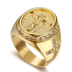 Flongo Bague Dor&eacute; Classique pour Homme Biker Motard, Bague Annueau Charme Motif Crucifix Croix J&eacute;sus Christ Compos&eacute; Faux Diamant Bijoux Fantaisie Cadeaux Anniversaire No&euml;l Saint-Valentin, Taille 70 (Flongo, neuf)