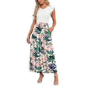 AUSELILY Robe D'&eacute;t&eacute; Col Rond &agrave; Manches Courtes avec Poches Jupe de F&ecirc;te Bleu &Eacute;l&eacute;gante Robe Longue Taille Haute &Eacute;lastique(Fleur Rose Vert, M) (JIOTANG EU, neuf)