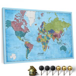 Carte du monde en toile avec tableau d'affichage en liège - Labels en anglais - Décoration murale décorative pour toutes les pièces - Tableaux sur toile (150x100 cm, Motif 21) (canvascale_maps, neuf)