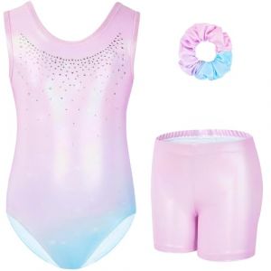 Gogokids Ensemble de Gymnastique Trois Pi&egrave;ces pour Filles, Justaucorps Sans Manches avec Shorts et Bandeau, Tenue de Gymnastique avec Design de Couleur Scintillants D&eacute;grad&eacute;e pour 6 &agrave; 7 Ans (KunTee, neuf)