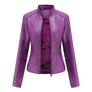 YYNUDA Femme Veste en Cuir PU Bombers Aviateur Moto Blouson Femme Simili Cuir Biker Zipp&eacute; Chaud Casual Violet XL (YYNUDA Store, neuf)