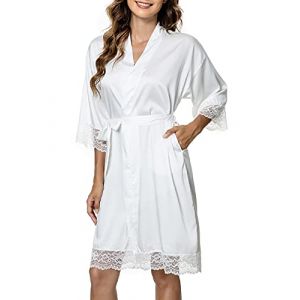 Tuopuda Kimono Femme Peignoir de Bain Bridesmaid Robe de Chambre Bride Sortie de Bain Mariage Chemise de Nuit Nuisette Pyjama avec Ceinture V&ecirc;tements de Nuit Dentelle, Blanc, XXL (GHF-Direct, neuf)