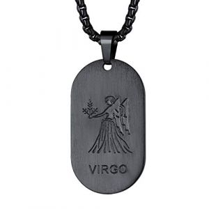 FaithHeart Collier pour Femme Signe Astrologique Vierge Chaîne Pendentif Homme Noir Acier Inoxydable Chaîne Ajustable 55cm Plaque Militaire Médaille Zodiaque (FaithHeart Jewellery, neuf)