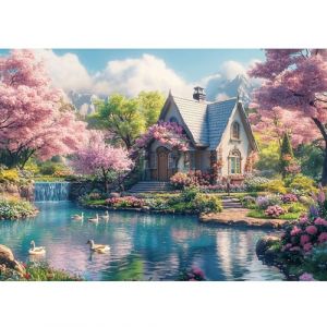 DAERLE Jardin avec fleurs de cerisier Peinture Diamant Adulte, 5D Diamond Painting Complet Paysage, Diamant Kit, Diamant Strass Point de Croix Cristal Painting Kit Murale Décoration 40x30cm (Amnebest-EU, neuf)