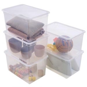 SUNDIS Clear Box, bo&icirc;te de rangement plastique avec couvercle, 46L, lot de 5, superposable et empilable, id&eacute;ale pour ranger la chambre, le dressing, le bureau ou la buanderie (Sundis Shop, neuf)