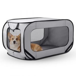 Cage de transport pliable en voiture pour chien et chat jusqu'&agrave; 29,5 kg (94 x 53 x 53 cm), robuste, pliable, avec double portes et ceinture de s&eacute;curit&eacute;, refuge portable pour les voyages (gris) (Zinueen, neuf)