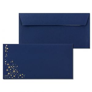 Lot de 25 enveloppes avec &eacute;toiles m&eacute;tallis&eacute;es &ndash; DIN long &ndash; Pluie d'&eacute;toiles dor&eacute;es en relief &ndash; Couleur : bleu fonc&eacute;, fermeture autocollante, 120 g/m&sup2; &ndash; 110 x 220 mm &ndash; Id&eacute;al pour No&euml;l (GUSTAV NEUSER GmbH, neuf)
