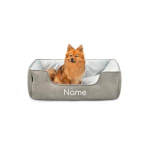 lionto Lit pour Chien 2-en-1 avec entr&eacute;e Confortable, Couchage Douillet r&eacute;versible pour Chiens et Chats, 80x60 cm, Coussin pour Chien en su&eacute;dine Facile d'entretien, Gris (avec nom imprim&eacute;) (dibea, neuf)