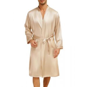 Lovasy Peignoir Homme Satin Robe de Chambre en Soie L&eacute;ger &agrave; Manches Longues Peignoir de Bain kimono Doux et Confortable V&ecirc;tement de Nuit avec Ceinture et Poche,A-Champagne,XXL (Lovasy Direct, neuf)