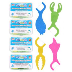 128 PCS Fil Dentaire pour Enfants Fil Dentaire avec Manche Plastique porte fil dentaire poign&eacute;e adapt&eacute;e aux enfants Ocean Dental floss Kids - 4 formes d'animaux multicolores (LuneKuck, neuf)