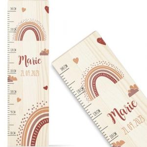 GRAVURZEILE Toise pour enfant en bois - Design rouge arc-en-ciel - Avec nom pour chambre d'enfant - Échelle mesure 80 à 140 cm - Dimensions : 20 x 70 x 2 cm - Cadeau de naissance pour filles et (GRAVURZEILE, neuf)