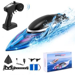 Wisbecost Bateau RC pour Adultes et Enfants, Bateau télécommandé 25 km/h pour lac, rivière et Piscine, Auto-redressement, lumière LED, Bateau de Course à Vitesse Rapide, 2 Batteries 60 Min (WARM HEART LIMITED, neuf)