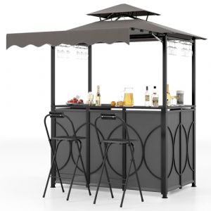 COSTWAY Tonnelle de Barbecue 3 Pcs Ext&eacute;rieur avec 2 Chaises Pliables Auvent, Ensemble de Bar de Jardin &agrave; Double Toit avec Table de Bar &Eacute;tag&egrave;res de Rangement en M&eacute;tal, pour Jardin Cour (Gris) (FDS GmbH, neuf)