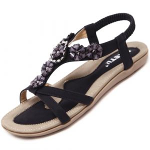 Acfoda Sandales Femme &Eacute;t&eacute; Chic Plates Confortable Boh&ecirc;me Chaussure L&eacute;ger Mules Tongs Orthop&eacute;diques Sandalette Cuir nus pieds avec Strass Noir 42 (Nzcm, neuf)