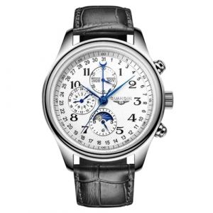 Guanqin Montre m&eacute;canique multifonction &agrave; remontage automatique en cristal saphir pour homme - Phase de lune - Calendrier perp&eacute;tuel - &Eacute;tanche - Bracelet en acier inoxydable ou en cuir, Argent&eacute;, blanc (jdlermy store, neuf)