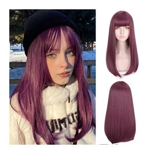 Perruque Naturel Perruque synth&eacute;tique longue et soyeuse avec frange, perruques bordeaux avec frange, perruque synth&eacute;tique r&eacute;sistante &agrave; la chaleur d'aspect naturel for cosplay quotidien Perruque Coupe (zengfanjunuk, neuf)