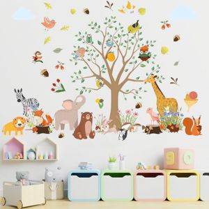 Stickers Jungle Chambre Enfant + Toise Murale Enfant, Stickers Muraux Animaux Arbre Girafe Éléphant Zèbre Lion Écureuil Oiseau, Sticker Muraux Enfants pour Chambre Enfants Bébé Pépinière Salon (LYDZ-EU, neuf)