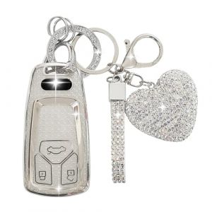 ZVRSUA Coque de Cl&eacute; de Voiture pour Audi，Cl&eacute;s de Voiture avec Porte Cl&eacute;s Strass,&Eacute;tui de Cl&eacute; Voiture Compatible avec Audi A4 S4 RS4 B9 A5 F5 S5 RS5 A6 A7 C8 A8 S8 D5 Q2 Q5 SQ5 Q7 SQ7 (Argent) (SENBAODZ, neuf)